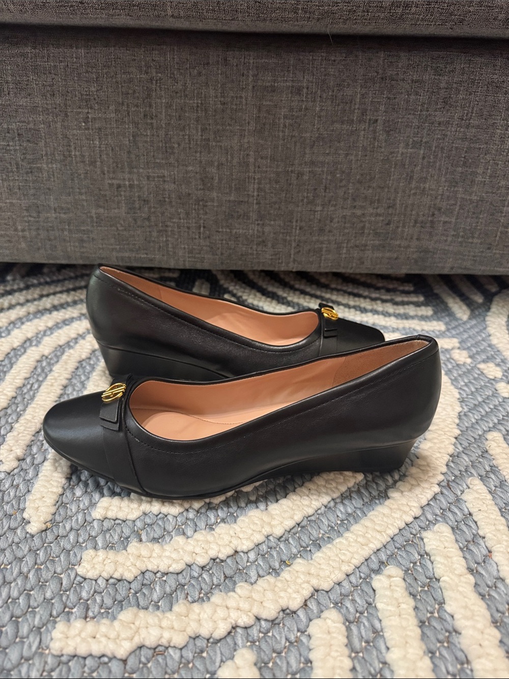 Cole Haan Malta Slip-On Wedge Black Leather Comfort Shoes Gold Hardware